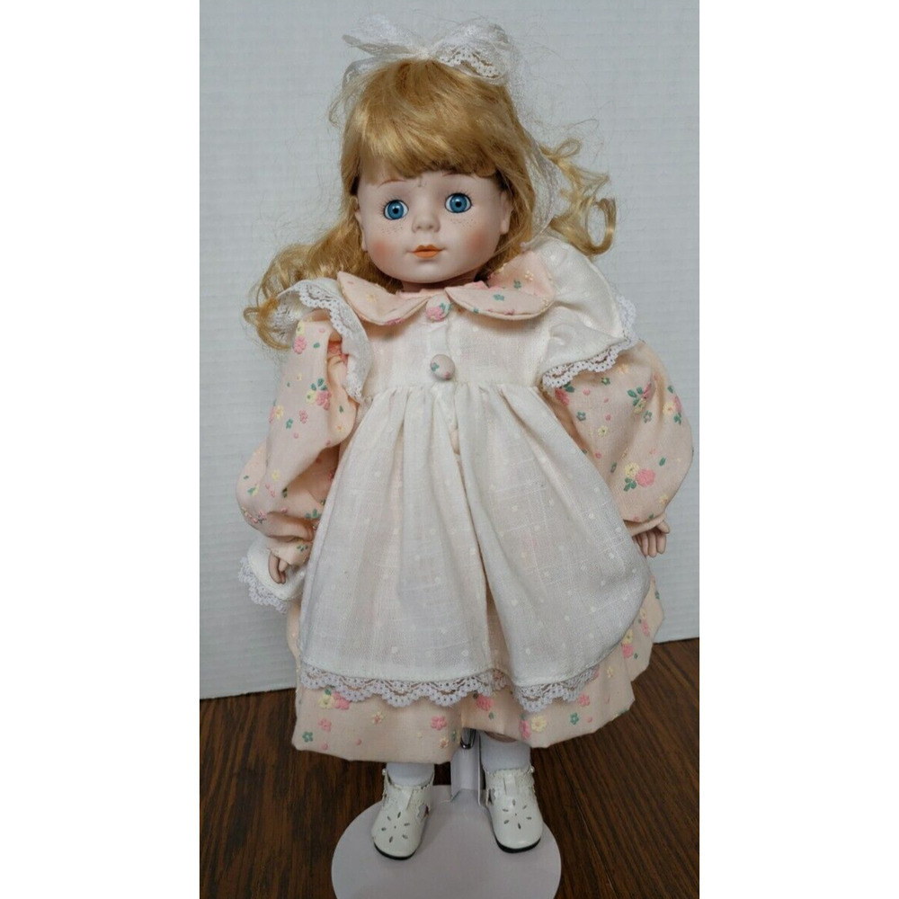Blonde Haired Blue Eyed Girl in Pink Flower Dress 14 Inch Porcelain Doll